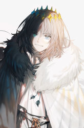 Rule 34 | 1boy, arlizi, blue eyes, cape, crown, fate/grand order, fate (series), fur-trimmed cape, fur trim, highres, male focus, oberon (fate), oberon (third ascension) (fate), shadow, smile, solo, spoilers, white background