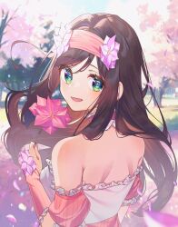 Rule 34 | 1girl, :d, absurdres, back, bare shoulders, blurry, brown hair, character request, cherry blossoms, depth of field, detached sleeves, dragon quest, dragon quest x, flower, from behind, green eyes, hair flower, hair ornament, hairband, highres, holding, holding flower, long hair, looking at viewer, looking back, applying manicure, nail polish, open mouth, pink hairband, smile, solo, swept bangs, upper body, yupiteru