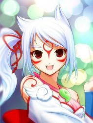 Rule 34 | amaterasu (ookami), animal ears, artist request, fang, magatama, ookami (game), personification, red eyes, side ponytail, smile, tagme, tattoo, white hair