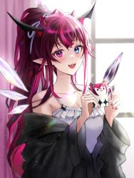 Rule 34 | 1girl, asymmetrical bangs, bare shoulders, black hair, blouse, blurry, blurry background, blush, bow, bow hairband, breasts, cleavage, clothes pull, collarbone, crystal, cup, demon girl, demon horns, detached wings, fangs, hairband, heterochromia, highres, hololive, hololive english, horns, indoors, irys (hololive), jacket, jacket pull, long hair, looking at viewer, medium breasts, mini wings, mug, multicolored hair, multiple horns, nail polish, open mouth, pointy ears, ponytail, shirt, sinap (12000klb), solo, sunlight, upper body, very long hair, virtual youtuber, window, wings