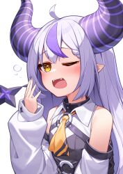Rule 34 | 1girl, ahoge, ascot, black horns, blush, deaver, detached sleeves, fangs, highres, hololive, horns, la+ darknesss, long hair, looking at viewer, multicolored hair, open mouth, pointy ears, purple hair, simple background, solo, streaked hair, striped, striped horns, tail, tears, teeth, upper body, upper teeth only, virtual youtuber, white background, white hair, white sleeves, yawning, yellow ascot