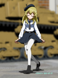 Rule 34 | 1girl, 3d, 3d background, anzio school uniform, artist name, belt, beret, black belt, black footwear, black hat, black necktie, black skirt, blonde hair, blurry, blurry background, carpaccio (girls und panzer), closed eyes, closed mouth, commentary, curtsey, dated, depth of field, dress shirt, facing viewer, girls und panzer, hat, highres, loafers, long hair, long sleeves, miniskirt, mixed media, naotosi, necktie, pantyhose, pleated skirt, school uniform, shadow, shirt, shoes, skirt, skirt hold, smile, solo, standing, white pantyhose, white shirt, wing collar