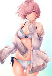 Rule 34 | alternate costume, artist name, bikini, blue bikini, breasts, cleavage, closed mouth, cowboy shot, eyes visible through hair, fate/grand order, fate (series), gradient background, hair over one eye, highres, jacket, light smile, lips, looking at viewer, mash kyrielight, medium breasts, off shoulder, open clothes, open jacket, pink hair, purple eyes, ribbon-trimmed bikini, short hair, side-tie bikini bottom, simple background, sleeves past wrists, solo, striped bikini, striped clothes, swimsuit, thigh gap, twitter username, vertical-striped bikini, vertical-striped clothes, yumari nakura