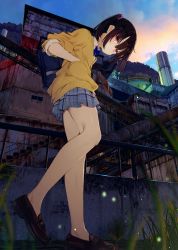 Rule 34 | 1girl, backpack, bag, bare legs, black footwear, black hair, blue bow, blue bowtie, blue skirt, blurry, blurry foreground, bow, bowtie, building, cardigan, dusk, factory, female focus, fireflies, grass, hair between eyes, hand in own hair, kamizaki hibana, loafers, no legwear, no socks, original, outdoors, pink eyes, plaid, plaid skirt, pleated skirt, railing, shoes, skirt, smokestack, solo, stairs, thighs, twintails