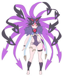 Rule 34 | 1girl, belt, closed mouth, contrapposto, copyright request, enkyo yuuichirou, flat chest, full body, fur collar, highres, leotard, long hair, looking at viewer, purple hair, purple leotard, red eyes, simple background, solo, standing, tentacle hair, thigh belt, thigh strap, very long hair, white background