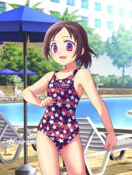 Rule 34 | 1girl, brown hair, competition swimsuit, konami, one-piece swimsuit, pool, purple eyes, star (symbol), star print, swimsuit