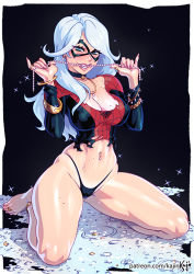 Rule 34 | 1girl, animification, bare hips, bell, biting, black cat (marvel), black panties, bracelet, breasts, cleavage, collar, commentary, earrings, english commentary, freckles, highleg, highleg panties, jewelry, kajin (kajinman), kneeling, large breasts, lipstick, makeup, marvel, mask, naughty face, navel, navel piercing, neck bell, necklace, panties, pearl necklace, piercing, seductive smile, shiny skin, shirt, smile, solo, spider-man, spider-man (series), thick thighs, thighs, torn clothes, torn shirt, underwear, white hair