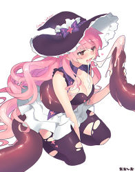 Rule 34 | 1girl, blush, breasts, brown eyes, character name, cleavage, commission, consensual tentacles, cum, cum on hands, hat, heart, large breasts, long hair, ooshio7734, original, pantyhose, pink hair, seiza, simple background, sitting, skeb commission, slime (substance), suggestive fluid, tentacle grab, tentacles, torn clothes, torn legwear, very long hair, wavy hair, white background, witch, witch hat