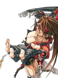 Rule 34 | 1boy, absurdres, belt, brown hair, collarbone, denim, dong hole, fingerless gloves, gloves, guilty gear, guilty gear strive, hair between eyes, highres, holding, holding weapon, jacket, jeans, long hair, male focus, multiple belts, pants, red eyes, red jacket, simple background, smile, sol badguy, solo, teeth, weapon, white background