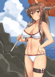 Rule 34 | 1girl, absurdres, alternate costume, bad id, bad pixiv id, beach, bikini, breasts, brown eyes, brown hair, cherry blossoms, cloud, collarbone, cowboy shot, day, flower, hair flower, hair ornament, hand on own hip, headgear, highres, holding, holding umbrella, kantai collection, large breasts, lifebuoy, long hair, looking at viewer, navel, oil-paper umbrella, osananajimi neko, outdoors, ponytail, red umbrella, revision, sky, smile, solo, standing, swim ring, swimsuit, thigh strap, umbrella, very long hair, white bikini, yamato (kancolle)