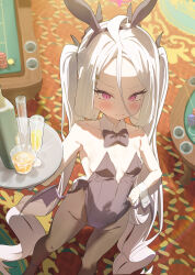 Rule 34 | 1girl, absurdres, ahoge, alcohol, alternate costume, alternate hairstyle, animal ears, applepie (12711019), bare shoulders, black bow, black bowtie, black pantyhose, blue archive, blurry, bow, bowtie, breasts, carpet, casino, champagne, champagne bottle, cleavage, coin, collarbone, commentary request, cup, demon girl, demon horns, demon wings, depth of field, detached collar, drinking glass, fake animal ears, fake tail, from above, hair between eyes, hair ornament, hairband, hairclip, halo, hand on own hip, highres, hina (blue archive), holding, holding tray, horns, leotard, long hair, looking at viewer, looking up, pantyhose, playboy bunny, purple eyes, rabbit ears, rabbit tail, sidelocks, small breasts, solo, strapless, strapless leotard, table, tail, tray, twintails, wavy hair, white hair, wine glass, wings, wrist cuffs