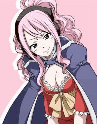 Rule 34 | 1girl, blue cape, breasts, cape, cleavage, fairy tail, large breasts, long hair, looking at viewer, meredy (fairy tail), pink background, pink hair, smile, tagme