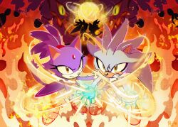 Rule 34 | 1boy, 1girl, 1other, animal ears, blaze the cat, cat ears, cat tail, chaos emerald, clenched teeth, eyelashes, fire, forehead jewel, fur-trimmed gloves, fur trim, gloves, highres, iblis (sonic), miijiu, purple fur, silver the hedgehog, sonic (series), sonic the hedgehog (2006), tail, teeth, white fur, white gloves, yellow eyes