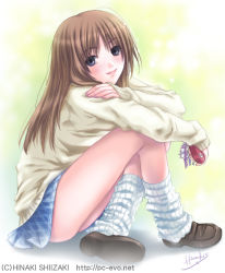 Rule 34 | 1girl, blue eyes, blush, brown hair, cellphone, crossed legs, kneehighs, knees to chest, legs, lipstick, loafers, long hair, looking back, loose socks, lowres, makeup, phone, plaid, plaid skirt, pleated skirt, shiizaki hinaki, shoes, signature, sitting, skirt, smile, socks, solo, sweater, thighhighs