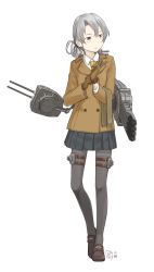 Rule 34 | 10s, 1girl, artist name, asymmetrical hair, buttons, coat, dated, double-breasted, full body, gloves, grey eyes, kantai collection, kawashina (momen silicon), loafers, long sleeves, miniskirt, necktie, nowaki (kancolle), pantyhose, pleated skirt, scarf, shoes, short hair, silver hair, simple background, skirt, solo, thigh strap, thighband pantyhose, white background
