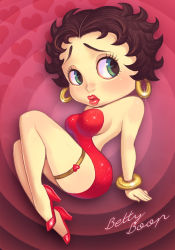 Rule 34 | 1girl, animification, arm support, backless dress, backless outfit, bad id, bad pixiv id, bare shoulders, betty boop, betty boop (character), bracelet, breasts, brown hair, character name, dress, earrings, green eyes, heart, high heels, hoop earrings, jewelry, large breasts, maou alba, pumps, red dress, red footwear, red heels, shoes, short hair, sitting, solo, thigh strap