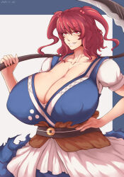 Rule 34 | 1girl, blue dress, breasts, cleavage, coin, collarbone, commentary request, covered erect nipples, dated, dated commentary, dress, elun (meido), grin, hair bobbles, hair ornament, highres, holding, holding scythe, huge breasts, looking at viewer, obi, onozuka komachi, red eyes, red hair, sash, scythe, short sleeves, smile, solo, touhou, two side up, white background