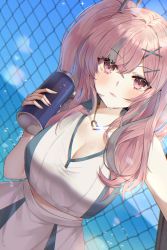 Rule 34 | 1girl, artist name, azur lane, bare shoulders, blue sky, bottle, bow, breasts, bremerton (azur lane), bremerton (scorching-hot training) (azur lane), chain-link fence, cleavage, closed mouth, commentary, crop top, crop top overhang, day, dutch angle, fence, grey hair, hair between eyes, hair bow, hair ornament, hairclip, heart, heart necklace, highres, jewelry, large breasts, long hair, looking at viewer, mole, mole under eye, multicolored hair, necklace, ocean, outdoors, outstretched arm, pink eyes, pink hair, pink lips, poho, shirt, sidelocks, sky, sleeveless, sleeveless shirt, solo, sportswear, streaked hair, sweat, tennis uniform, two-tone shirt, water bottle, x hair ornament