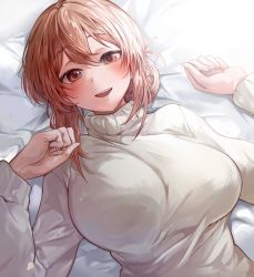 Rule 34 | 1girl, :d, bad id, bad pixiv id, bloom, blush, breasts, brown eyes, brown hair, dutch angle, hair between eyes, hands up, highres, indoors, large breasts, looking at viewer, lying, mature female, medium hair, on back, on bed, open mouth, smile, solo, suru (ksoo420), sweater, teeth, turtleneck, upper body, upper teeth only, white sweater, yahari ore no seishun lovecome wa machigatteiru., yuigahama yui&#039;s mother