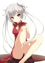 Rule 34 | 1girl, barefoot, black panties, blush, breasts, china dress, chinese clothes, cleavage, double bun, dress, feet, highres, legs, long hair, looking at viewer, okino ryuuto, original, panties, red eyes, silver hair, sitting, smile, soles, solo, table, toes, twintails, underwear