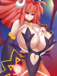 Rule 34 | artist request, bat wings, breasts, cleavage, covered erect nipples, glowing, horns, huge breasts, jewelry, la pucelle, maou prier, pantyhose, prier, red eyes, red hair, ring, smile, solo, wings
