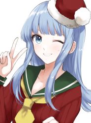 Rule 34 | 1girl, ;), bad id, bad twitter id, blue eyes, blue hair, blunt bangs, hat, hatsukaze (kancolle), hime cut, kantai collection, long hair, looking at viewer, morinaga miki, necktie, one eye closed, red hat, santa costume, santa hat, school uniform, serafuku, simple background, smile, solo, upper body, v, white background, yellow necktie
