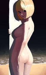 Rule 34 | 1girl, ass, back, bare shoulders, beach, blonde hair, bob cut, breasts, brown eyes, commentary, completely nude, cowboy shot, english commentary, from behind, highres, lips, looking at viewer, looking back, median furrow, medium breasts, nude, original, parted lips, sekoshi (some1else45), short hair, smile, solo, some1else45, surfboard