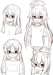 Rule 34 | 4girls, ahoge, animal ear fluff, animal ears, bespectacled, blue archive, blush, character request, check character, closed mouth, commentary request, cropped torso, flower, glasses, greyscale, gym shirt, hair between eyes, hair flower, hair ornament, halo, highres, hoshino (blue archive), idolmaster, idolmaster cinderella girls, long hair, looking at viewer, mari (blue archive), monochrome, multiple girls, open mouth, puffy short sleeves, puffy sleeves, shirt, short sleeves, simple background, sweat, tachibana arisu, takasuma hiro, upper body, very long hair, white background