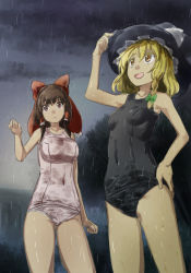 Rule 34 | 2girls, black one-piece swimsuit, blonde hair, bow, braid, breasts, brown eyes, brown hair, cloud, cowboy shot, from below, hair bow, hair tubes, hakurei reimu, hand on own ass, hand on own hip, hat, kirisame marisa, large breasts, multiple girls, one-piece swimsuit, rain, school swimsuit, small breasts, standing, swimsuit, touhou, wet, white one-piece swimsuit, witch hat, yellow eyes, yohane