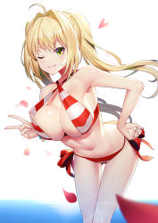 Rule 34 | &gt;;), 1girl, ;), ahoge, armpits, backlighting, bikini, bikini pull, blonde hair, blurry, breasts, cleavage, clothes pull, criss-cross halter, depth of field, fate/grand order, fate (series), floating hair, green eyes, grin, hair intakes, halterneck, hand on own hip, heart, horizon, large breasts, leaning forward, long hair, looking at viewer, navel, nero claudius (fate), nero claudius (fate) (all), nero claudius (swimsuit caster) (fate), ocean, one eye closed, outdoors, parted lips, petals, red bikini, ririko (zhuoyandesailaer), rose petals, side-tie bikini bottom, sidelocks, smile, solo, standing, striped bikini, striped clothes, swimsuit, thighs, twintails, v, v-shaped eyebrows, white bikini