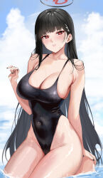 Rule 34 | 1girl, absurdres, black hair, black nails, black one-piece swimsuit, blue archive, blue sky, blush, breasts, cleavage, cloud, covered navel, day, groin, hair ornament, hairclip, halo, hand up, highleg, highleg swimsuit, highres, kneeling, large breasts, long hair, looking at viewer, one-piece swimsuit, outdoors, parted lips, red eyes, rio (blue archive), ryudraw, sky, solo, straight hair, swimsuit, thighs, very long hair, wet