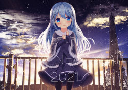 Rule 34 | 1girl, 2021, :d, black dress, black jacket, black pantyhose, blue eyes, blue hair, blush, chinomaron, cloud, cloudy sky, commentary request, dress, fur-trimmed jacket, fur-trimmed sleeves, fur trim, gochuumon wa usagi desu ka?, hair between eyes, hair ornament, hands up, happy new year, jacket, kafuu chino, long hair, long sleeves, looking at viewer, new year, open mouth, outdoors, pantyhose, railing, sky, sleeves past wrists, smile, solo, standing, sunset, very long hair, wide sleeves, x hair ornament