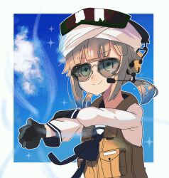Rule 34 | 1other, absurdres, alternate costume, aviator sunglasses, black gloves, blonde hair, blue sailor collar, blue sky, border, cloud, fate/grand order, fate (series), gloves, green eyes, headset, highres, holding own arm, long sleeves, marine nemo (fate), microphone, nemo (fate), official alternate costume, sailor collar, sailor shirt, shikaku nemo, shirt, sky, smile, solo, sparkle, sparkling eyes, sunglasses, turban, vest, white border, white headwear