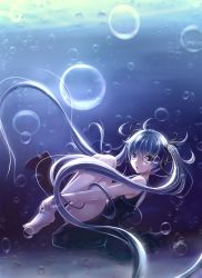 Rule 34 | 1girl, :o, absurdly long hair, air bubble, ass, bad id, bad pixiv id, barefoot, bubble, dress, feet, fetal position, hatsune miku, highres, long hair, sanka!, school swimsuit, swimsuit, twintails, underwater, very long hair, vocaloid