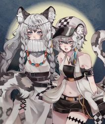 Rule 34 | 2girls, absurdres, animal ear fluff, animal ears, arknights, armband, bandeau, bare arms, bare shoulders, bead necklace, beads, belt, black belt, black gloves, black shorts, blue background, braid, breasts, chinese commentary, cliffheart (arknights), collarbone, commentary request, cowboy shot, dress, fangs, full moon, fur-trimmed gloves, fur trim, gloves, grey eyes, hair between eyes, halterneck, hat, headpiece, highres, jewelry, jiulang liangliang, long hair, looking at viewer, medium breasts, moon, multiple girls, navel, necklace, open mouth, peaked cap, pelvic curtain, pendant, pramanix (arknights), short hair, short shorts, shorts, siblings, silver hair, sisters, standing, stomach, strapless, tail, thigh strap, thighs, tiger ears, tiger tail, tube top, turtleneck, turtleneck dress, twin braids, white belt, white dress