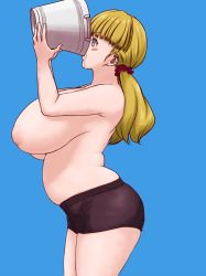 Rule 34 | 1girl, aqua eyes, arched back, armpits, arms up, ass, belly, black panties, blonde hair, blue background, blunt bangs, blush stickers, boyshort panties, breasts, bucket, cowboy shot, drinking, from side, highres, holding, holding bucket, huge breasts, inverted nipples, kamisuki, large areolae, long hair, original, panties, plump, profile, scrunchie, simple background, solo, spill, standing, thighs, topless, twintails, underwear, underwear only