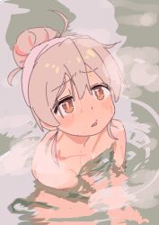 Rule 34 | 1girl, absurdres, blush, brown eyes, commentary request, dot nose, doublep0ints, flat chest, genderswap, genderswap (mtf), grey hair, hair bun, hair up, highres, looking up, onii-chan wa oshimai!, onsen, open mouth, oyama mahiro, partially submerged, sitting, sketch, solo, sweat, upper body, water