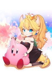 Rule 34 | 1girl, 1other, :d, absurdres, armlet, artist name, black footwear, black socks, blue eyes, blush, bowsette, bracelet, breasts, chibi, cleavage, collar, commentary request, dress, earrings, full body, grabbing, high heels, highres, horns, jewelry, kirby, kirby (series), kneehighs, long hair, looking at viewer, mario (series), new super mario bros. u deluxe, nintendo, open mouth, pointy ears, ponytail, pulling, red footwear, sleeveless, sleeveless dress, smile, socks, spiked armlet, spiked bracelet, spiked collar, spiked tail, spikes, strapless, strapless dress, super crown, tail, tearing up, ukon60, wavy hair, | |
