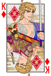 Rule 34 | 10s, 1boy, bad id, bad pixiv id, blonde hair, blue eyes, card, dual persona, hand fan, folding fan, japanese clothes, katana, keith goodman, manly, playing card, samurai, sword, tattoo, tiger &amp; bunny, topknot, upside-down, v-room, weapon
