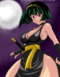 Rule 34 | 1girl, artist request, bare legs, bare shoulders, black hair, bob cut, breasts, choker, cleavage, curvy, eyeshadow, fingerless gloves, gloves, hair tie, inuyasha, looking to the side, makeup, medium breasts, night, night sky, pelvic curtain, red eyes, revealing clothes, short hair, skirt, sky, solo, thighs, wide hips, sakasagami no yura