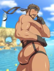 Rule 34 | 1boy, artist name, ass, ass focus, bara, beard, belt, blurry, blurry background, blush, brown hair, cliff, cloud, cloudy sky, eddlayer, facial hair, feet out of frame, gloves, hairy, headband, highres, large pectorals, lighthouse, looking at viewer, male focus, manly, mature male, metal gear (series), metal gear solid, nipples, ocean, open mouth, outdoors, pectorals, short hair, signature, sky, solid snake, solo, teeth, thick arms, thick eyebrows, thick thighs, thighs, tongue, water