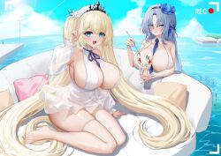 2girls absurdly_long_hair absurdres alsace_(azur_lane) alsace_(heat_beating_summer_sacrament)_(azur_lane) azur_lane bare_shoulders beret between_breasts bikini black_tiara blonde_hair blue_eyes blue_flower blue_hair blue_necktie blue_sky breasts center_opening cloud cloudy_sky collarbone covered_navel day detached_collar detached_sleeves dress flower hair_flower hair_ornament hat highres holding holding_spoon huge_breasts long_hair long_sleeves looking_at_viewer microdress multiple_girls necktie necktie_between_breasts niballl ocean official_alternate_costume open_mouth outdoors painleve_(azur_lane) painleve_(fresh_and_fortunate)_(azur_lane) see-through_clothes see-through_dress see-through_sleeves sky spoon strawberry_parfait swimsuit thigh_strap tiara very_long_hair water whipped_cream white_bikini white_dress white_flower white_hat