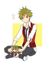Rule 34 | 10s, 1boy, :&gt;, akiyama hayato, brown eyes, character doll, elbow sleeve, green hair, idolmaster, idolmaster side-m, indian style, looking at viewer, male focus, merchandise, oden (odencong), simple background, sitting, sleeves rolled up, white background