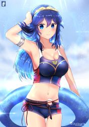 Rule 34 | 1girl, alternate breast size, arm up, armpits, artist name, blue eyes, blue hair, blush, breasts, chinchongcha, cleavage, closed mouth, fire emblem, fire emblem awakening, fire emblem cipher, highres, innertube, large breasts, long hair, looking at viewer, lucina (fire emblem), navel, nintendo, smile, solo, swim ring, swimsuit, tiara