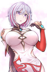 Rule 34 | 1girl, absurdres, breasts, china dress, chinese clothes, chinese commentary, commentary request, cosplay, dress, elbow gloves, fei luo mao, fu hua, fu hua (phoenix), fu hua (phoenix) (cosplay), gloves, halterneck, highres, honkai: star rail, honkai (series), honkai impact 3rd, large breasts, looking at hand, multicolored hair, open mouth, purple eyes, red hair, sleeveless, sleeveless dress, solo, streaked hair, topaz (honkai: star rail), two-tone hair, upper body, white hair