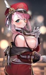 Rule 34 | 1girl, bare shoulders, belt, blush, breasts, breath, brooch, cabbie hat, charlotte (genshin impact), commentary request, genshin impact, gloves, green eyes, hat, highres, hominamia, jewelry, large breasts, long sleeves, looking at viewer, medium hair, monocle, off shoulder, parted lips, pink hair, red hat, red skirt, sideboob, skirt, solo, suspenders, upper body, white belt, white gloves