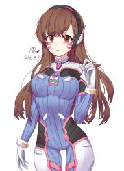 Rule 34 | 10s, 1girl, 2016, armor, artist name, bad id, bad pixiv id, bodysuit, bracer, breasts, brown eyes, brown hair, closed mouth, cowboy shot, d.va (overwatch), dated, eyebrows, facepaint, facial mark, gloves, hand up, headphones, high collar, highres, long hair, looking at viewer, medium breasts, overwatch, overwatch 1, pauldrons, pilot suit, ribbed bodysuit, shiro albino, shoulder armor, shoulder pads, simple background, skin tight, solo, thigh strap, turtleneck, whisker markings, white background, white gloves