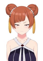 Rule 34 | 1girl, :i, asymmetrical bangs, blue dress, brown eyes, collarbone, commentary request, double bun, dress, hair bun, hair ornament, half-closed eyes, highres, laufen (sousou no frieren), looking at viewer, orange hair, pout, simple background, solo, sousou no frieren, straight-on, tassel, tassel hair ornament, upper body, white background, yasehattagi