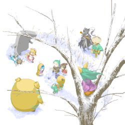 Rule 34 | 3boys, 5girls, from above, lowres, multiple boys, multiple girls, pixel art, snow, spoiled kandume, transparent background, tree