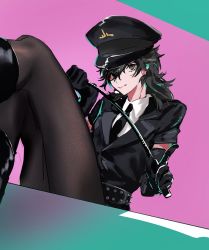 Rule 34 | 0zep0, 10s, 1boy, :q, amamiya ren, black hair, black pantyhose, boots, crossdressing, elbow gloves, foreshortening, gloves, hat, legs, licking lips, long hair, male focus, necktie, pantyhose, persona, persona 5, persona 5: dancing star night, persona dancing, police, police hat, police uniform, riding crop, skirt, solo, tongue, tongue out, trap, uniform